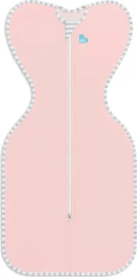 A pink baby swaddle sack with gray and white striped trim.