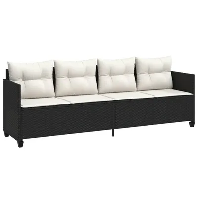 A black poly rattan sofa with white cushions, shown from the front on a white background.