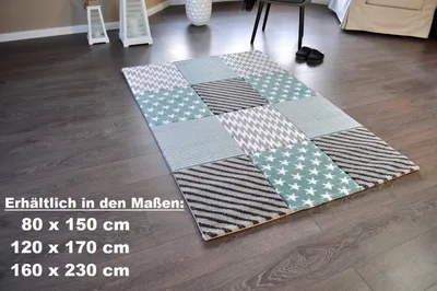 Produktbild von Hochwertiger FLORA Design Teppich Relief TF-22 Türkis Grau Weiß STERNE 160 x 230
