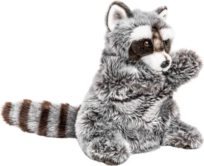 A plush raccoon puppet is shown sitting with its right paw raised.
