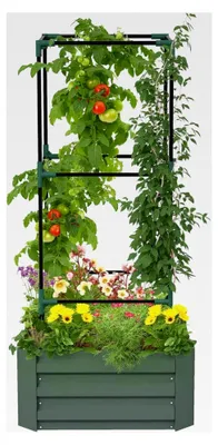 Produktbild von Hochbeet mit Rankhilfe, Blumenkasten mit offenem Boden, Gemüsebeet, Pflanzkasten, Kräuterbeet für Garten und Balkon, verzinkter Stahl, grün, 61 x 61 x 140 cm