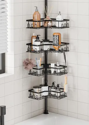 Immagine prodotto di Unyqoos® Porta doccia telescopico, scaffale angolare, regolabile in altezza da 82 a 296 cm, 4 cesti regolabili, acciaio inossidabile, con fori di scarico, senza foratura, ideale per bagno e cucina