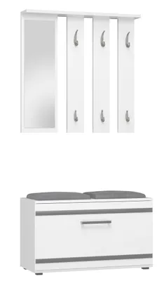 A white hallway furniture set including a coat rack with a mirror and a bench with storage.