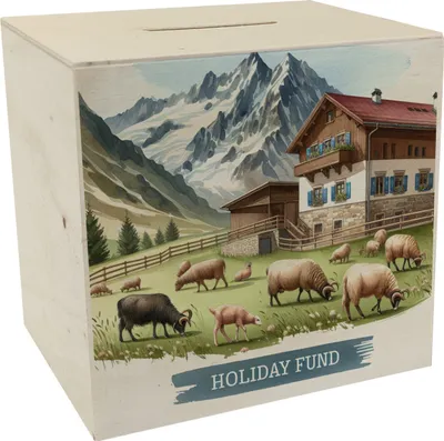 Produktbild von Urlaub auf dem Bauernhof Urlaubskasse Spardose aus Holz mit Spruch Holiday Fund
