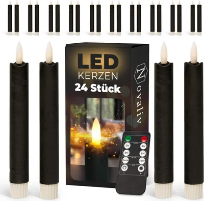 Produktbild von LED Stabkerzen 12 Stück ECHTWACHS SCHWARZ mit Timer Funktion 6 Stunden 18cm Höhe für Kerzen 2,2cm Durchmesser 2 AAA Batterien notwendig LED Stabkerzen 4er Set SCHWARZ (sechs Mal) bewegliche Flamme