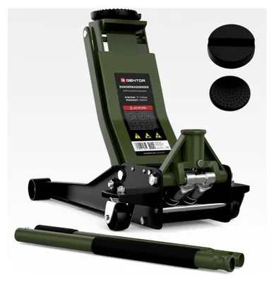 Produktbild von Hydraulischer Wagenheber 3T mit flacher Hubhöhe 75-505mm und 2 Gummiauflagen, Profi Rangierwagenheber mit 360° Rollen und Unterstellbock (Grün)
