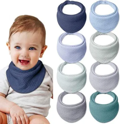 Productafbeelding van Baby-slabbers van zacht, biologisch katoen - set van 8 - oceaanblauw - verstelbare drukknoopjes