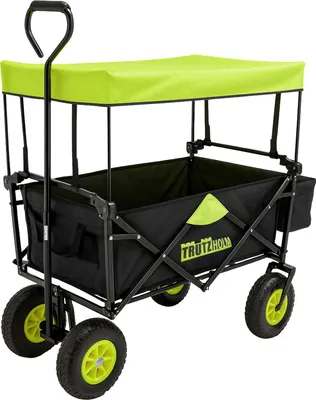 A black and green foldable wagon with a canopy and telescoping handle, shown from a front-diagonal angle against a white background.