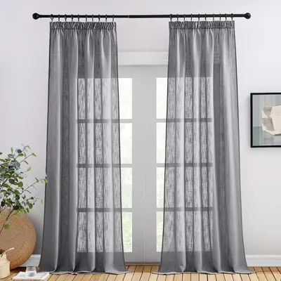 Obrázek produktu pro Záclona s vzhledem lnu, poloprůhledná, tmavě šedá, balení 2 kusů, rozměry 245 cm (výška) x 140 cm (šířka)