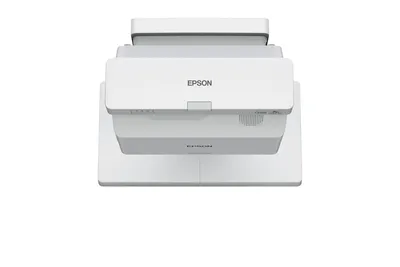 A top-down view of a white Epson projector on a white background.