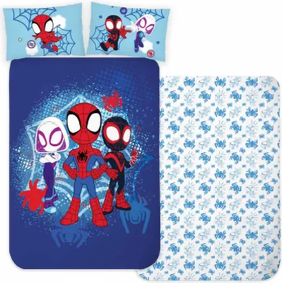 A flat lay of a Spidey and His Amazing Friends themed bedding set, including two pillowcases and a duvet cover, with a separate patterned sheet.