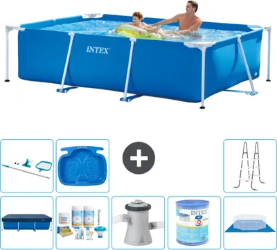 Produktbild von Intex-Schwimmbecken mit rechteckigem Rahmen – 260 x 160 x 65 cm – Blau – im Lieferumfang enthalten Abdeckung - Wartungspaket - Filterpumpe für Schwimmbad - Filter - Bodenplane - Reinigungskit