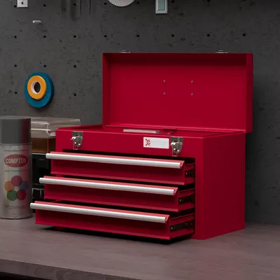 Produktbild von Werkzeugkiste 3 Schubladen abschließbar, Werkzeugkasten Staufach, kaltgewalzter Stahl, Rot | 51 x 22 x 32 cm | bis 16 kg | Kugellagerschubladen
