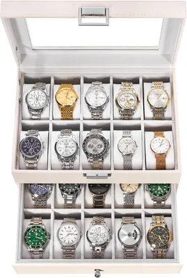 Image de Boîtier de rangement pour 20 montres, de couleur blanche, avec couvercle en verre et coussinets amovibles