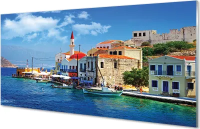 Produktbild von Glasbilder 140x70 Wandkunst Griechenland Küste Berge