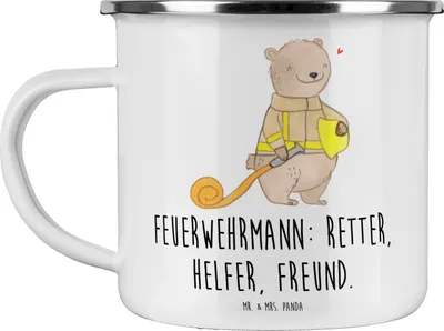 Produktbild von Mr. & Mrs. Panda Teetasse Feuerwehrmann Rettungsheld - Weiß - Geschenk, Geschenkidee, Wertschätzung, Emaille Tasse, Dankbarkeit, Held des Alltags, Campingbecher, Pott