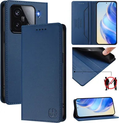 Collage of product images showing a blue leather phone case for a Xiaomi 15, with various angles and features highlighted.