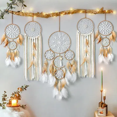 Produktbild von Omgoods – 5 Traumfänger mit Mond- und Sonnendesign – Bohème-Wanddekoration für Kinder