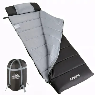Image de Sac de couchage AREBOS avec coussin et couverture en polaire, 220x83 cm, sac de couchage type couverture pour adultes, température de confort de 0 à 25°C, imperméable, idéal pour le camping, inclut un sac de compression