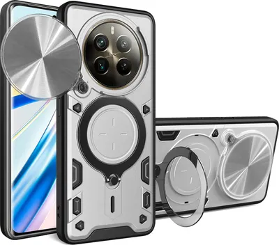 Produktbild von Handyhülle für Realme 12 Pro /Realme 12 Pro+ Dual-Layer Stoßfest Rüstung Hülle mit Dia Kameraschutz und Kreisförmig Ring Ständer Silber