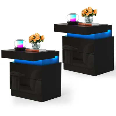 Produktbild von 2x Nachttisch mit LED,Schwarz Hochglanz Nachtschrank mit 2 Schubladen,Beistelltisch Nachtkommode für Wohnzimmer, Schlafzimmer 40x35x52cm