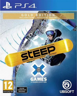 A video game cover for Steep Gold Edition on PS4, featuring a snowboarder in action.