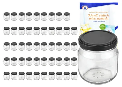 Produktbild von 50er Set Rundglas 212 ml nieder To 66 schwarzer Deckel Sturzgläser Einkochgläser incl. Rezeptheft
