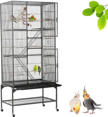 Produktbild von Yaheetech Vogelkäfig Nagerkäfig mit Rollen, Voliere Vogelhaus mit 6 Sitzstangen & 8 Futternäpfen, Schwarz