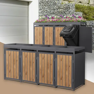 Obrázek produktu pro ML-Design 4-košový box na odpadky s nasazovací střechou, kryt na 4 koše, 240 l, 260x80x124 cm antracitová ocel se vzhledem dřeva, box na odpadky s dvířky