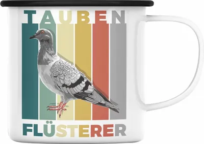 Produktbild von Trendation - Taubenzüchter Geschenk Zaubenzucht Zubehör Tauben Emaille Tasse Lustiger Spruch Taubenflüsterer Becher (Schwarz)