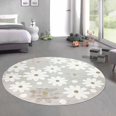 Zdjęcie produktu dla Słodki dywanik do pokoju dziecięcego z efektem 3D w kwiatowy wzór w kolorze kremowo-beżowym Rozmiar - okrągły 120 cm