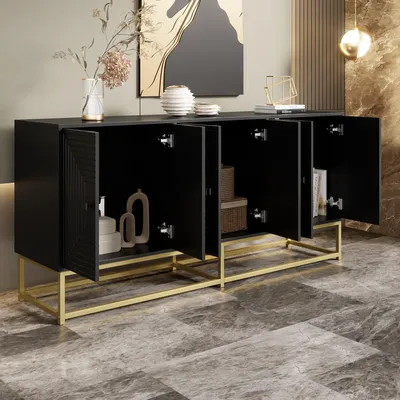 Produktbild von okwish Wohnzimmerschrank Sideboard mit 3 Doppeltüren und Matt-Oberfläche,Beistellschrank Anrichte Schranktüren mit Scharnieren,Schwarz+Gold