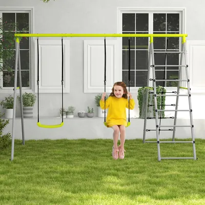 Produktbild von Sweiko Kinderschaukel-Set, mit Kletternetz und Sprossenleiter, für Kinder 3-8 Jahre, Stahlgestell, Grün