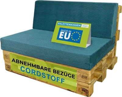 Produktbild von Pillows24 - Palettenkissen 2-teiliges Set aus Cordstoff | Sitzkissen & Rückenkissen für Europaletten 120x80 | für Wohnzimmer, Garten | Türkis