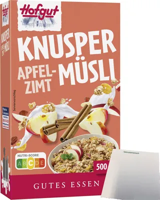 Produktbild von Hofgut Müsli Apfel-Zimt (500g Packung) + usy Block