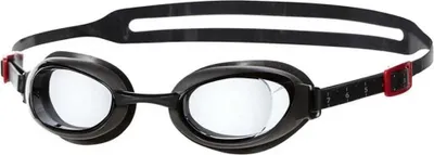 A pair of black Speedo swimming goggles with clear lenses and a black strap, shown against a white background.