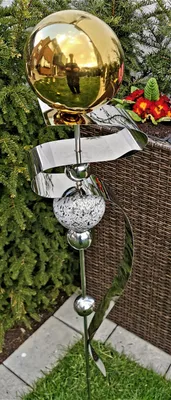 Produktbild von Skulptur Saturn Edelstahl gold poliert 160 cm Gartenstecker Beetstecker Rosenkugel