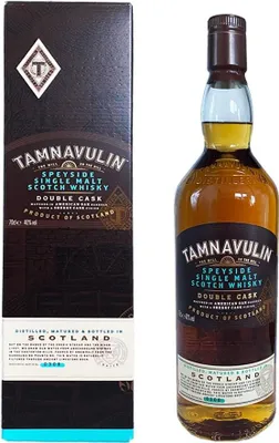 A bottle of Tamnavulin Double Cask Speyside Single Malt Scotch Whisky and its packaging are shown against a white background.