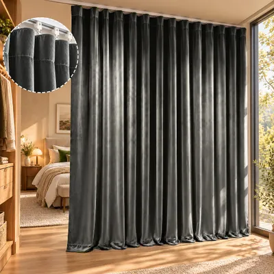 Produktbild von Extra großer Raumteiler Vorhang Samt mit schienen Haken, Grau Verdunkelung Blickdicht Trennvorhänge Thermovorhang für Schlafzimmer Wohnzimmer, B 254 x H 214 cm