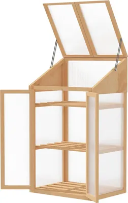 Zdjęcie produktu dla Drewniana chłodnia, mini szklarnia 70 x 50 x 120 cm, szklarnia z pokrywą, okno, podwójne drzwi, przezroczysta chłodnia z 3 półkami, odporna na zimę podniesiona grządka do ogrodu, balkon, brązowa