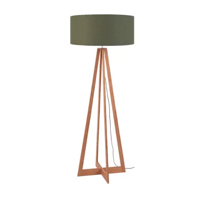 A floor lamp with a green shade and a wooden tripod base, presented against a white background.