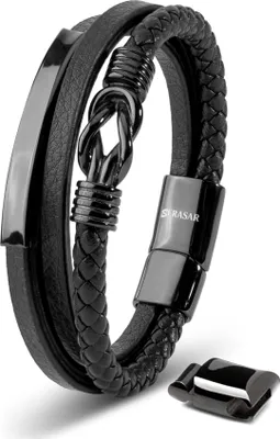 Image de SERASAR | Bracelet en cuir pour homme [Proud] en acier inoxydable | Couleur : noir | Longueur : 23 cm