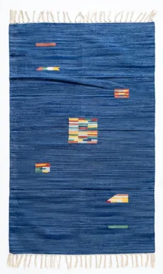 Produktbild von Dhurrie Teppich Blau Baumwolle Gabbeh ca160x090cm Handgewebt Fransen Nomaden