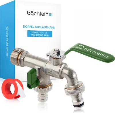 Produktbild von Bächlein Universal Doppel Auslaufhahn für den Garten [grün] mit 1" Wandanschluss