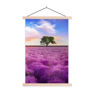 Produktbild von MuchoWow® Textilposter Lavendel - Baum - Sonnenuntergang - Lila 40x60 cm mit holzfarbenen Rahmen - Poster