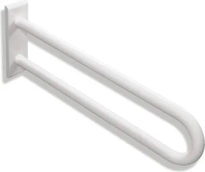 A white wall-mounted grab bar with a U-shaped design.