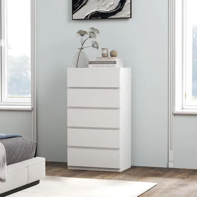 Produktbild von SUGIFT Nachttisch Kommode, grifflos 5 Schubladen, Schubladenkommode Holzwerkstoff, Weiß | 55 x 34 x 100 cm | Anti-Kipp-Sicherung