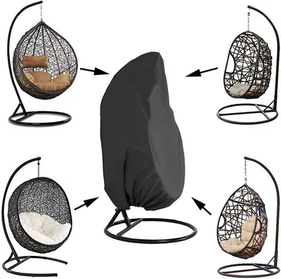 A collage of images showing hanging chairs and a protective cover for them.