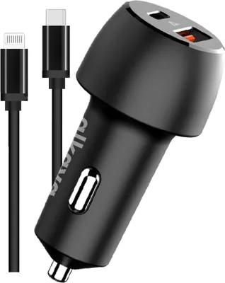Productafbeelding van alkaya. iPhone 12, 12 Pro, 12 Pro Max, 13, 13 Pro, 13 Pro Max, 14, 14 Pro, 14 Pro Max. Oplaadkabel + sigarettenaanstekeradapter 48W, autolader set Lightning 60W