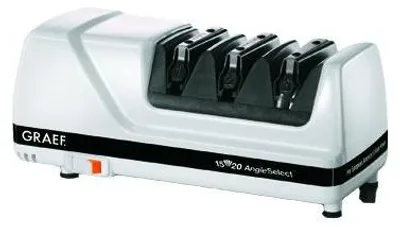 A white electric knife sharpener with multiple slots for sharpening blades.
